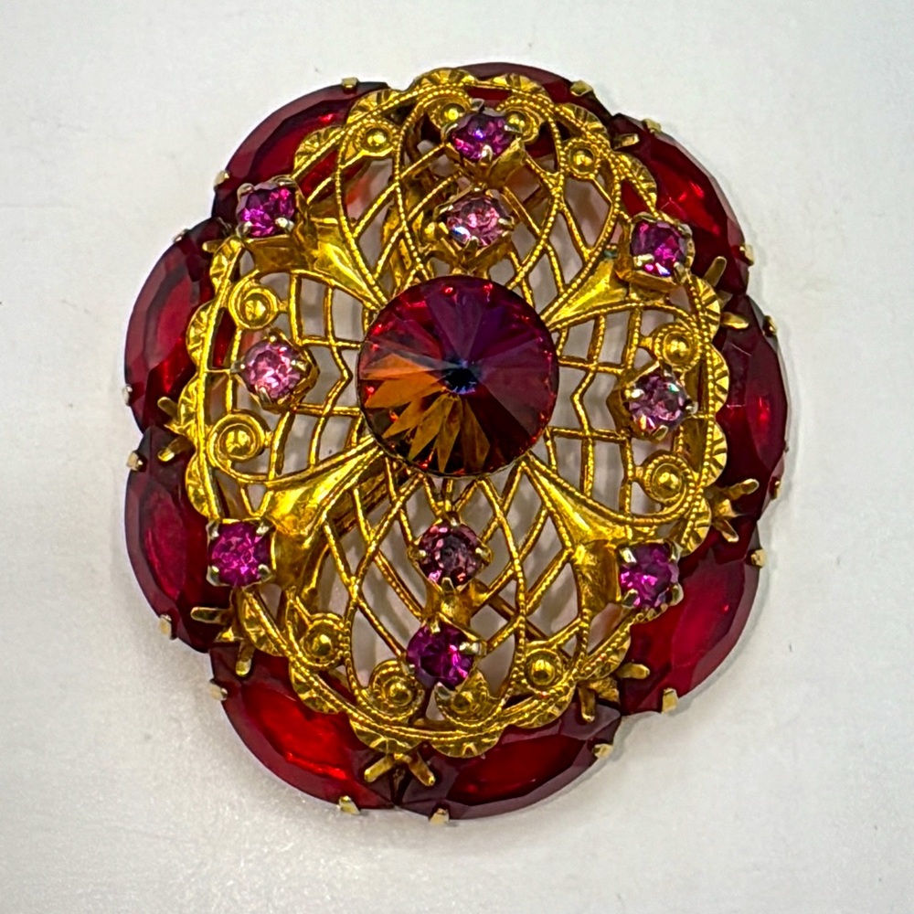 Red Czech glass brooch. Antique.